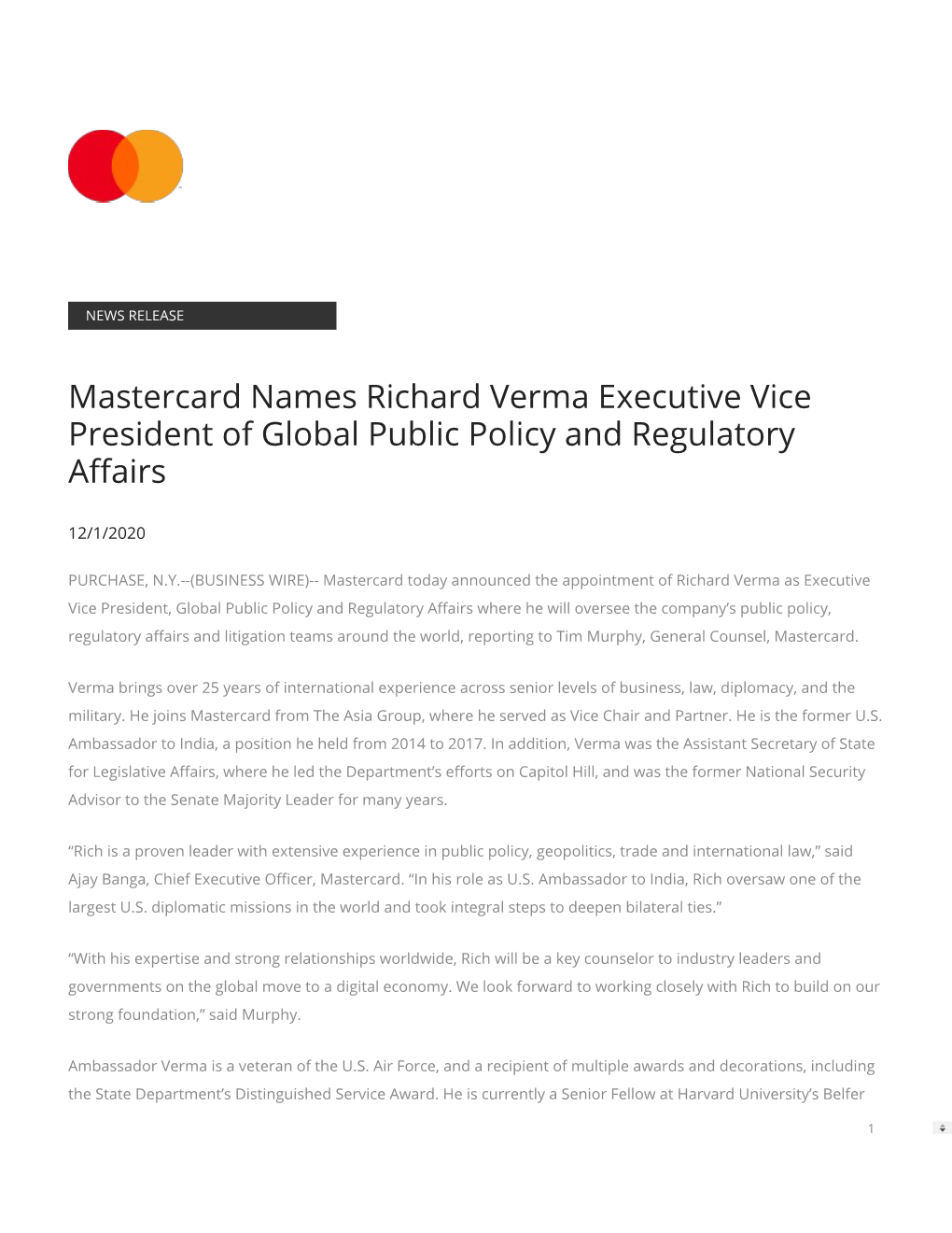 Mastercard Names Richard Verma Executive Vice President of Global Public Policy and Regulatory A�Airs