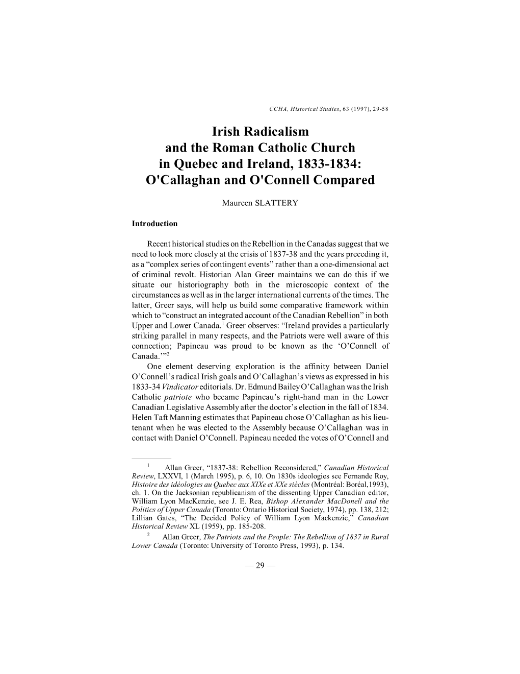 Irish Radicalism and the Roman Catholic Church in Quebec and Ireland, 1833-1834: O'callaghan and O'connell Compared