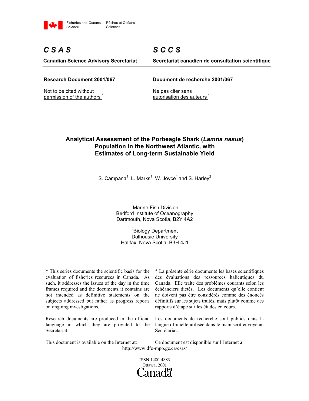 Analytical Assessment of the Porbeagle Shark (Lamna Nasus) Population in the Northwest Atlantic, with Estimates of Long-Term Sustainable Yield