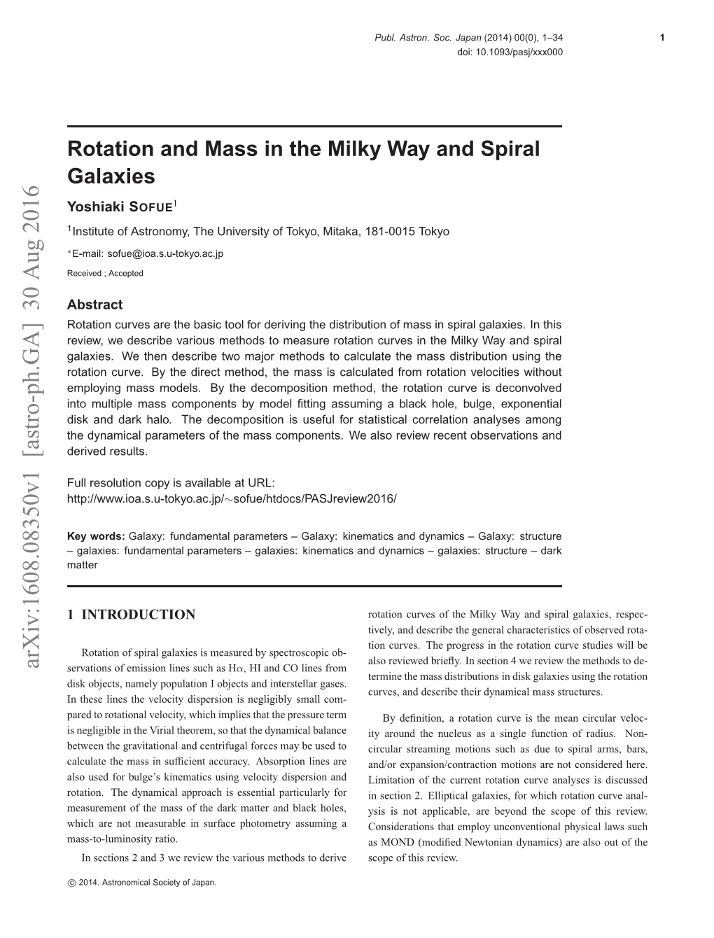 Rotation and Mass in the Milky Way and Spiral Galaxies