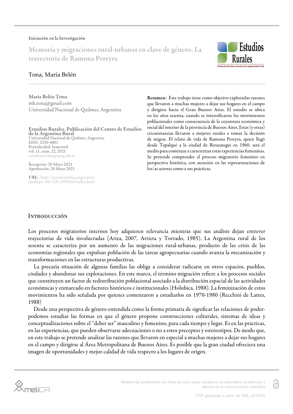 Memoria Y Migraciones Rural-Urbanas En Clave De Género. La Trayectoria De Ramona Pereyra