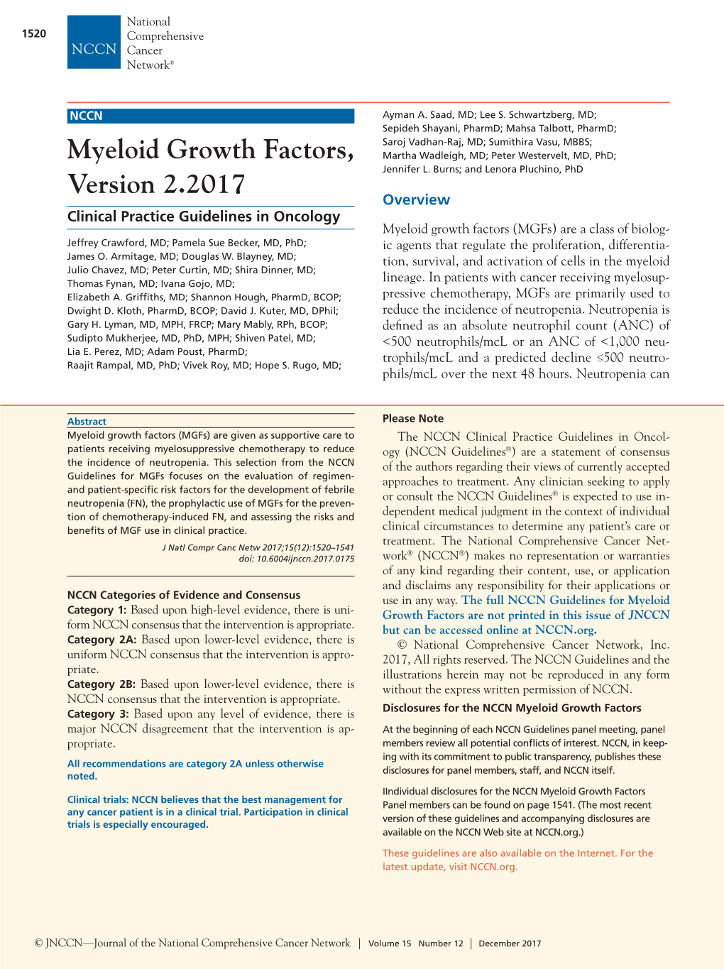 Myeloid Growth Factors, Version 2.2017, NCCN Clinical Practice Guidelines in Oncology