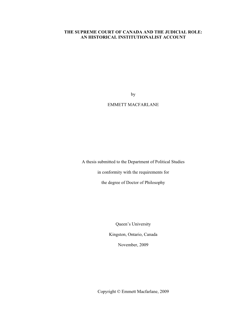 The Supreme Court of Canada and the Judicial Role: an Historical Institutionalist Account