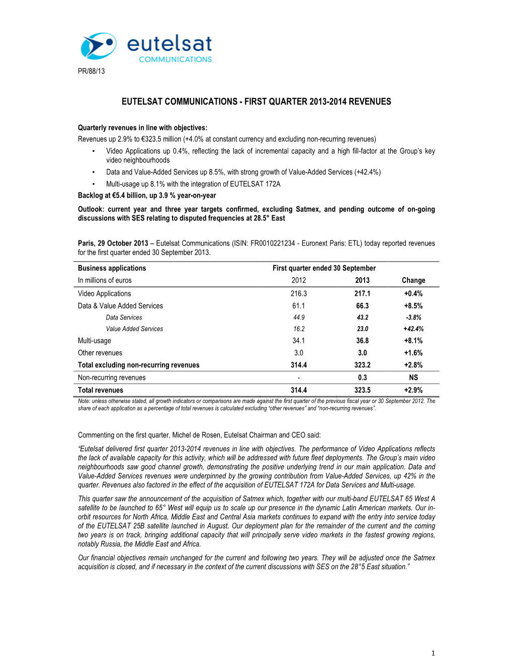 Eutelsat Communications - First Quarter 2013-2014 Revenues