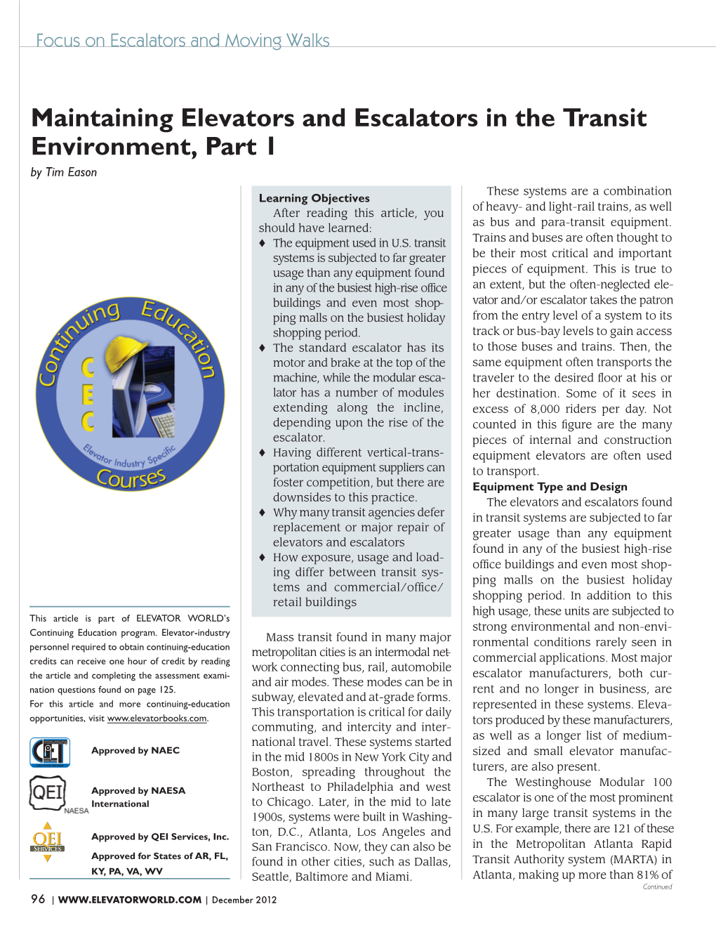 Maintaining Elevators and Escalators in the Transit Environment, Part 1