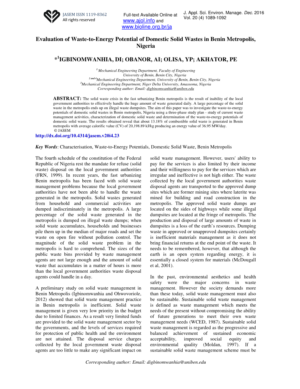 Evaluation of Waste-To-Energy Potential of Domestic Solid Wastes in Benin Metropolis, Nigeria