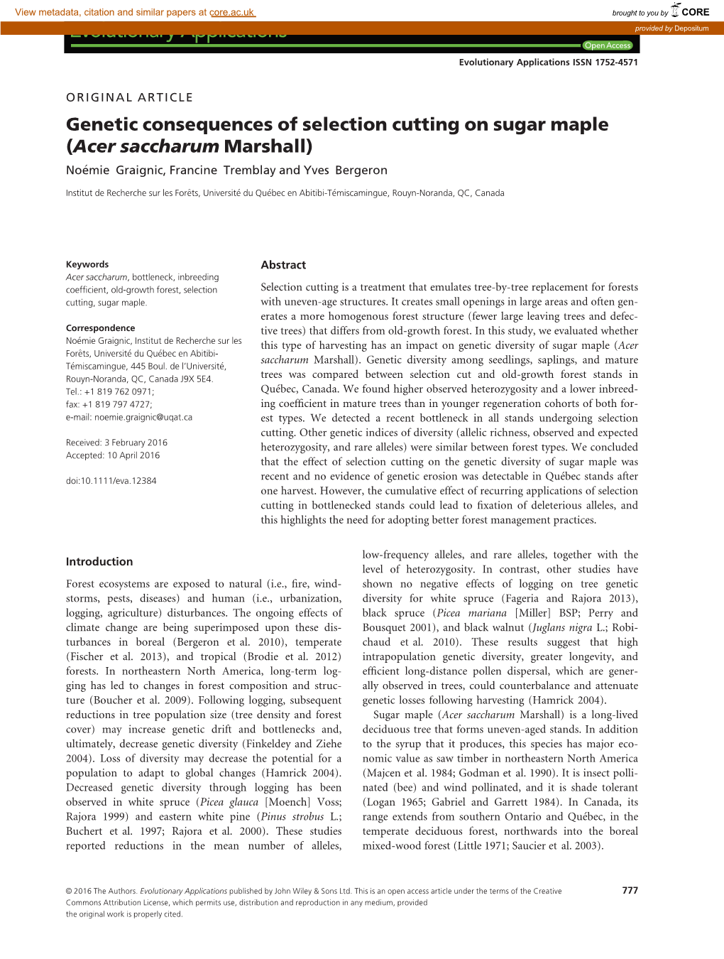 Genetic Consequences of Selection Cutting on Sugar Maple (Acer Saccharum Marshall) Noemie Graignic, Francine Tremblay and Yves Bergeron