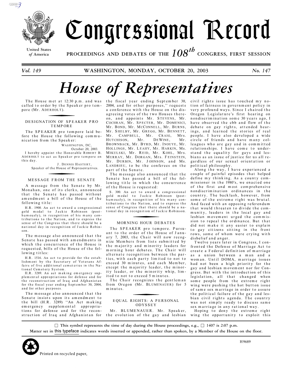 Congressional Record United States Th of America PROCEEDINGS and DEBATES of the 108 CONGRESS, FIRST SESSION