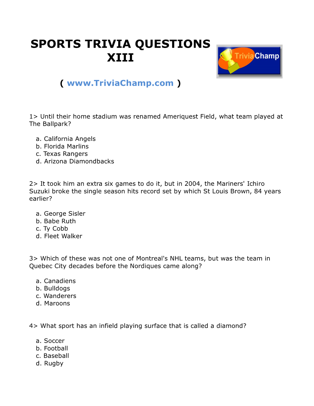 Sports Trivia Questions Xiii