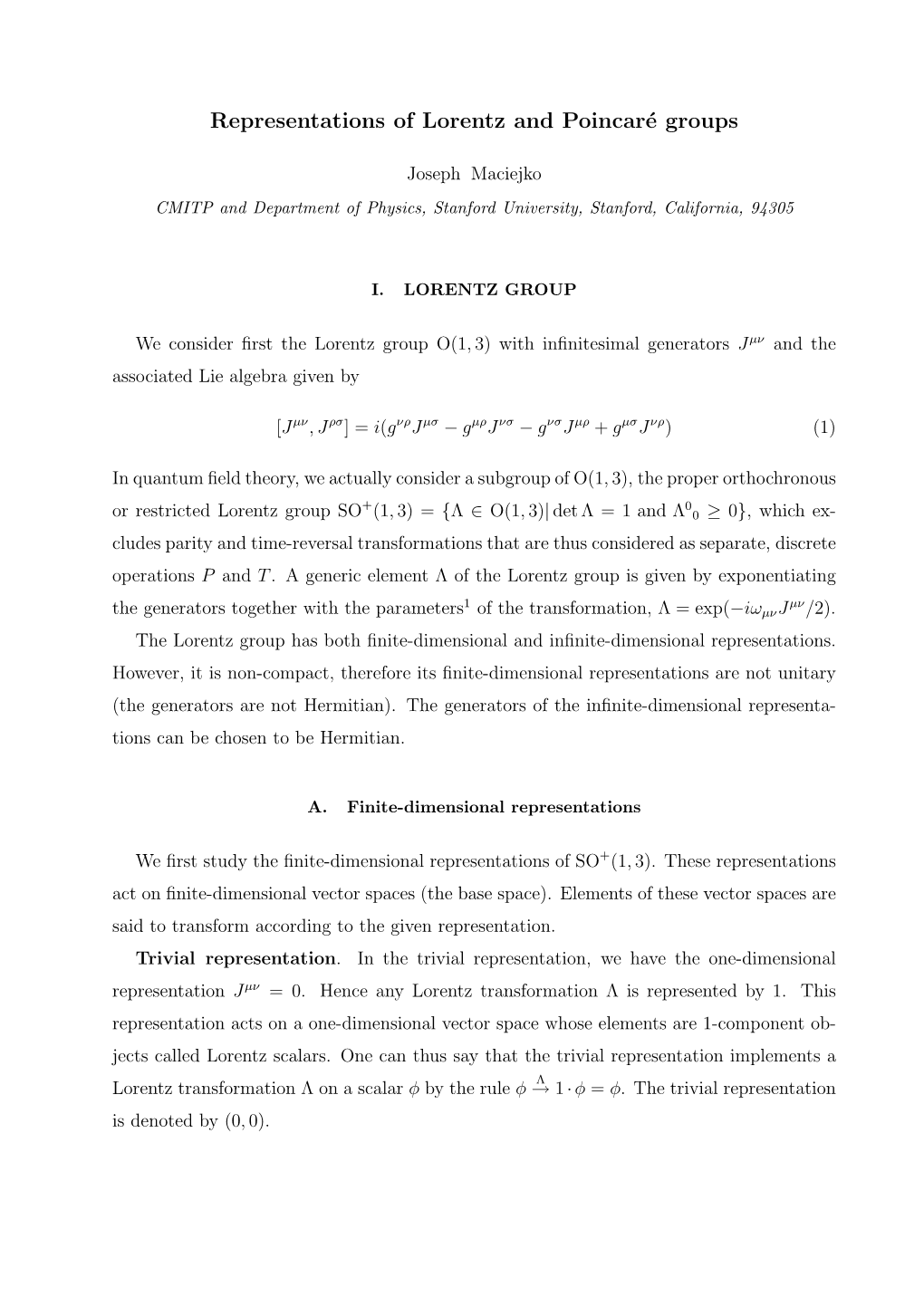 Representations of Lorentz and Poincaré Groups