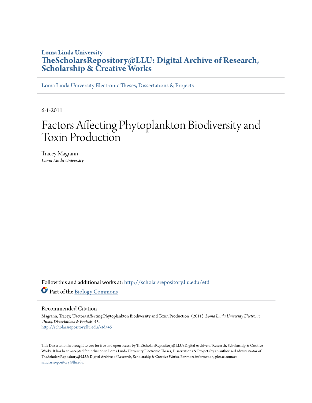 Factors Affecting Phytoplankton Biodiversity and Toxin Production Tracey Magrann Loma Linda University