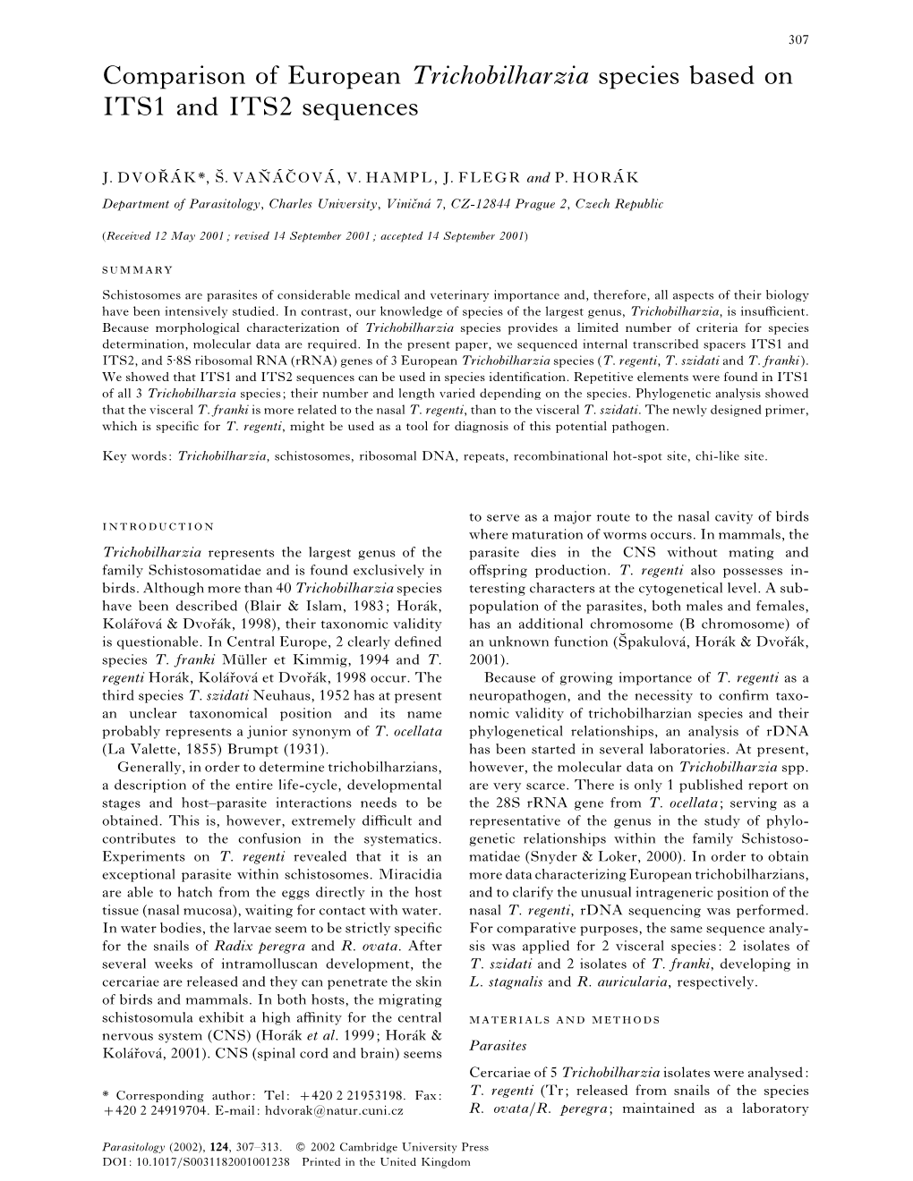 Comparison of European Trichobilharzia Species Based on ITS1 and ITS2 Sequences