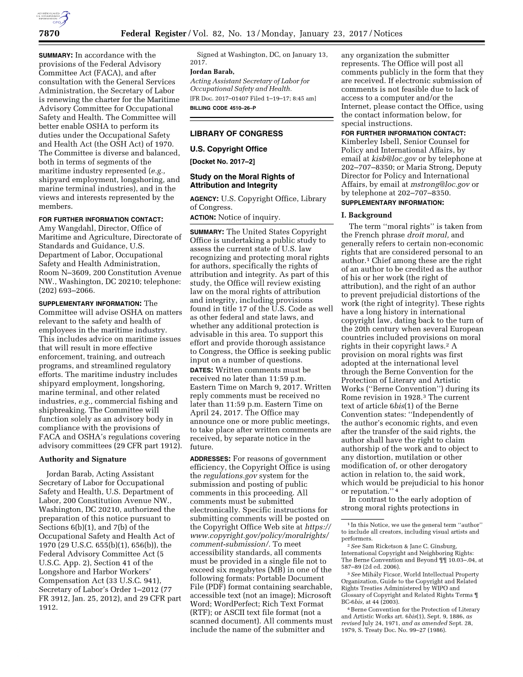 Moral Rights of Affairs, by Email at Mstrong@Loc.Gov Or Marine Terminal Industries), and in the Attribution and Integrity by Telephone at 202–707–8350