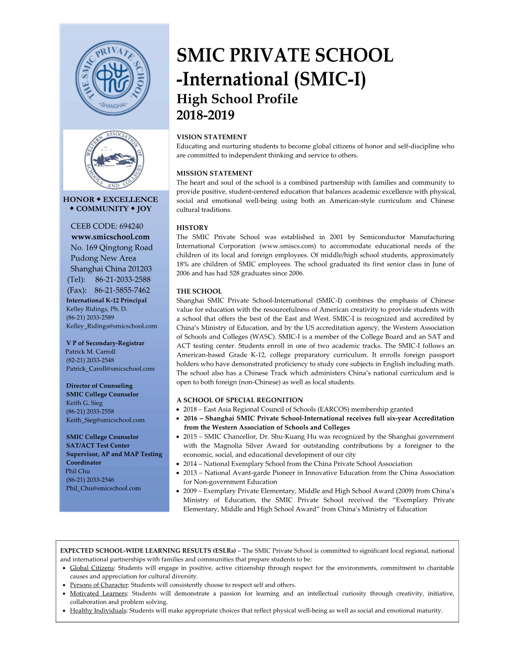 International (SMIC-I) High School Profile 2018-2019