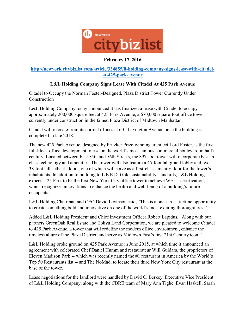 CITY BIZ LIST February 17, 2016 L&L Holding Company Signs Lease with Citadel at 425 Park