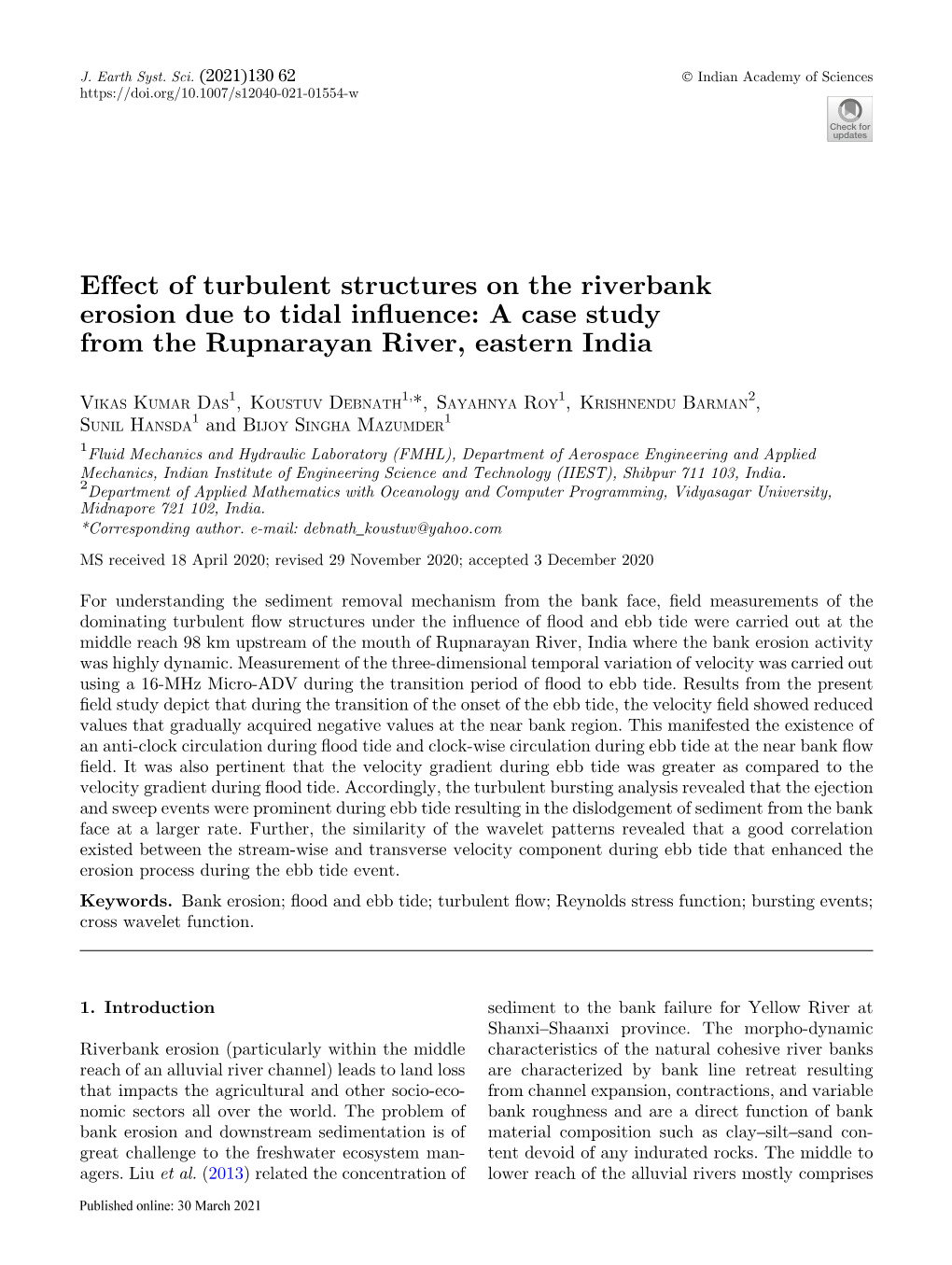 Effect of Turbulent Structures on the Riverbank Erosion Due to Tidal Incuence: a Case Study from the Rupnarayan River, Eastern India