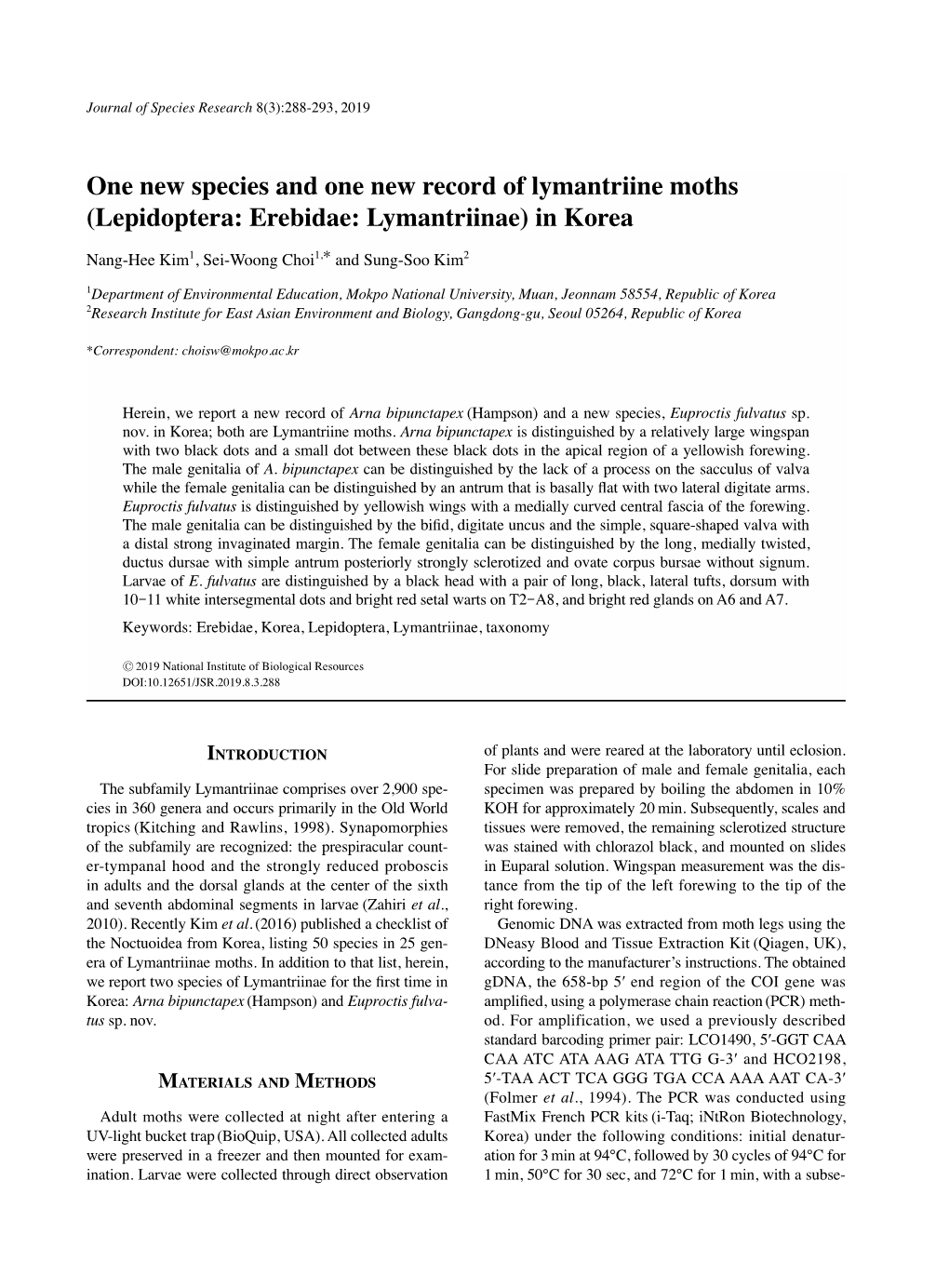 One New Species and One New Record of Lymantriine Moths (Lepidoptera: Erebidae: Lymantriinae) in Korea