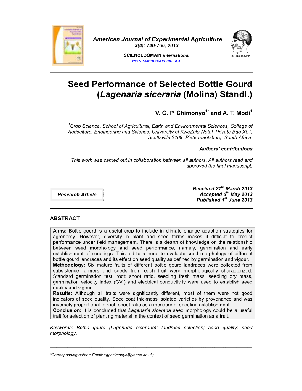 Seed Performance of Selected Bottle Gourd (Lagenaria Siceraria (Molina) Standl.)