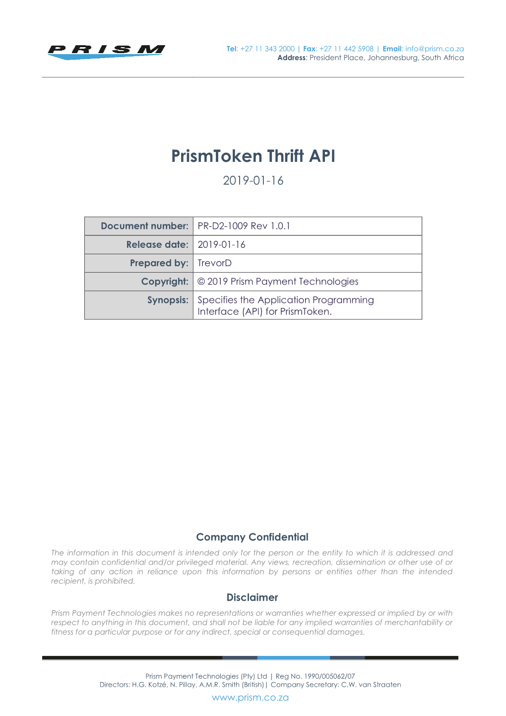 Prismtoken Thrift API 2019-01-16