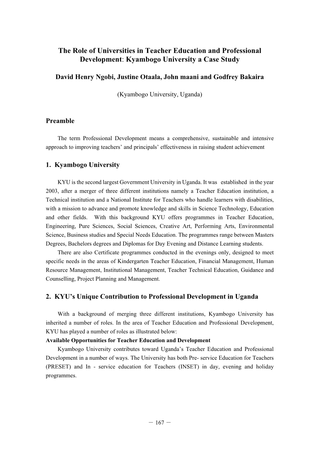 The Role of Universities in Teacher Education and Professional Development: Kyambogo University a Case Study