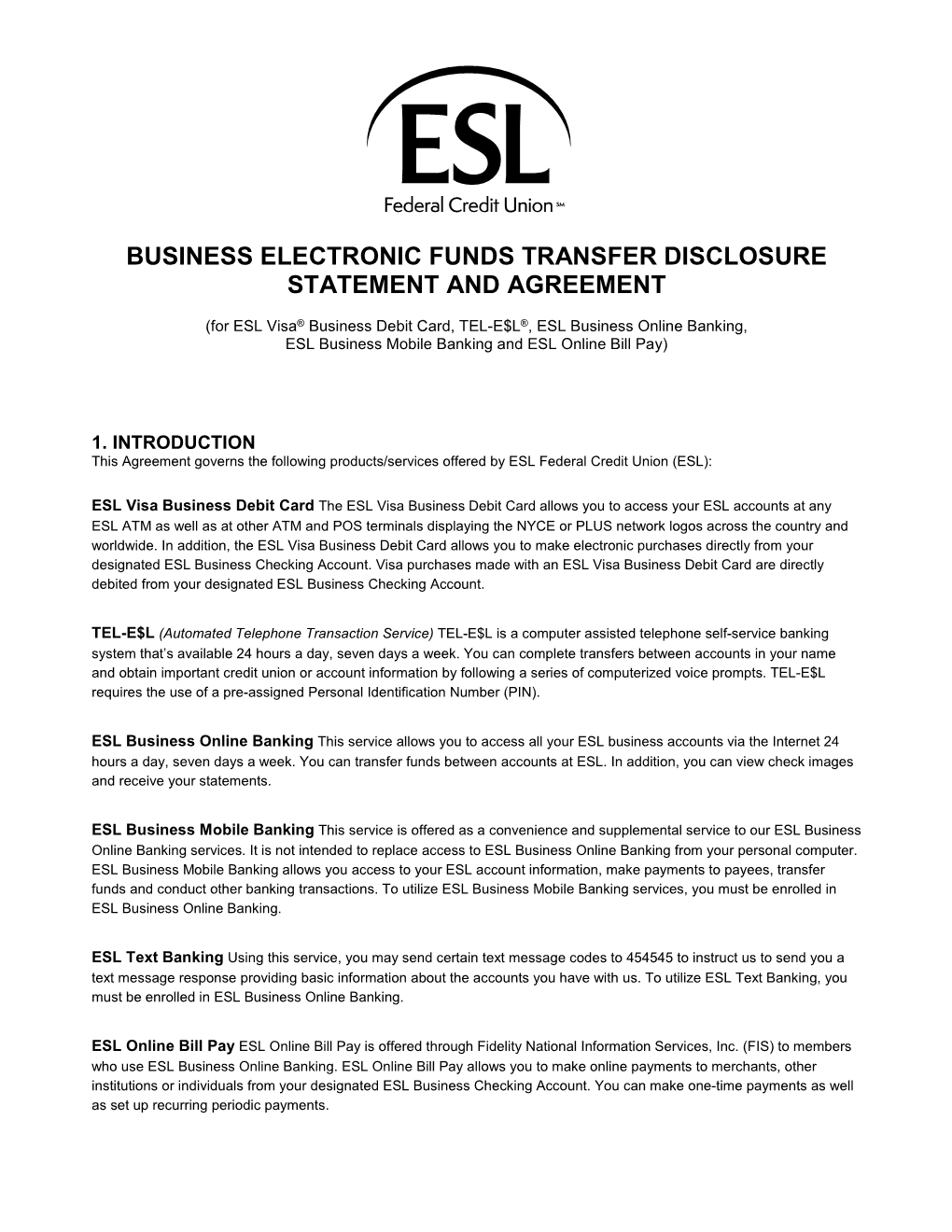 Business Electronic Funds Transfer Disclosure Statement and Agreement