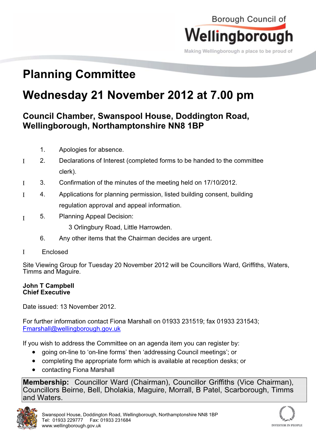 Planning Committee Wednesday 21 November 2012 at 7.00 Pm