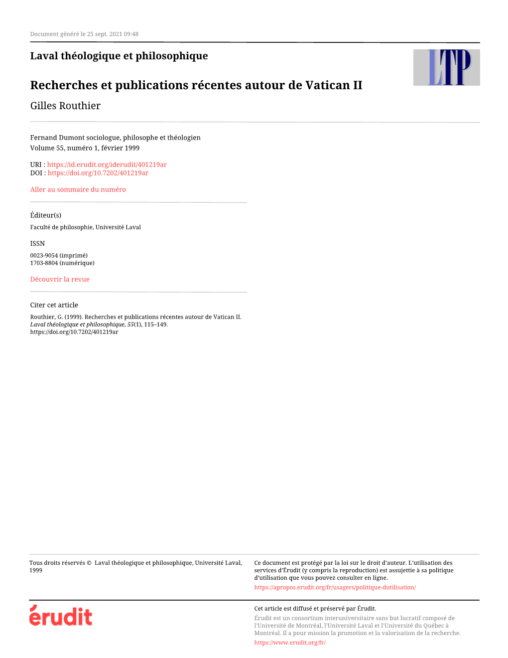 Recherches Et Publications Récentes Autour De Vatican II Gilles Routhier