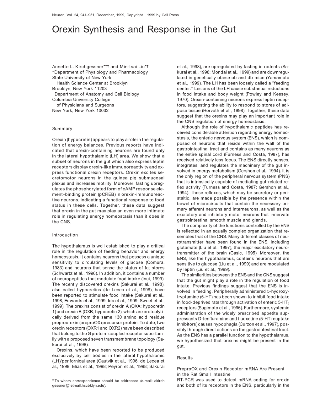 Orexin Synthesis and Response in the Gut