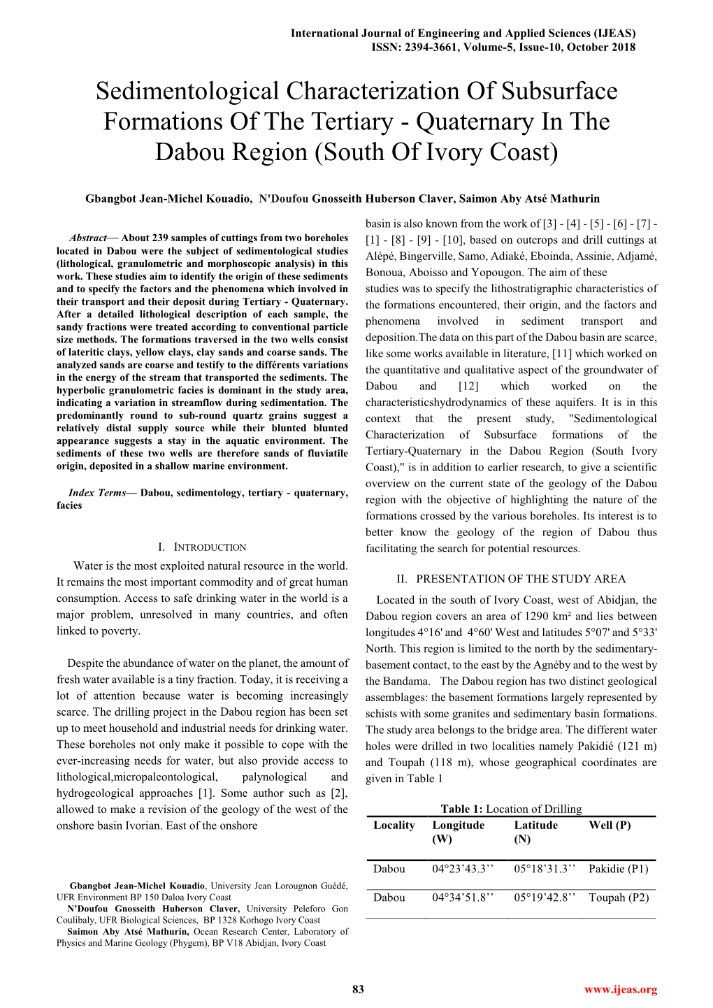 Sedimentological Characterization of Subsurface Formations of the Tertiary - Quaternary in the Dabou Region (South of Ivory Coast)