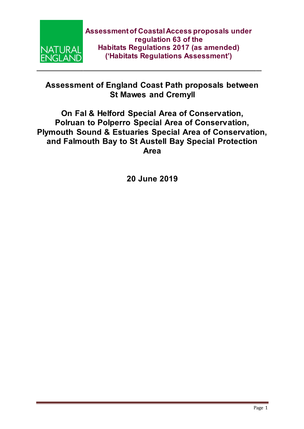 Assessment of England Coast Path Proposals Between St Mawes and Cremyll