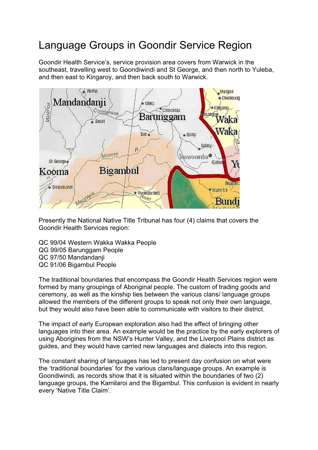 Language Groups in Goondir Service Region