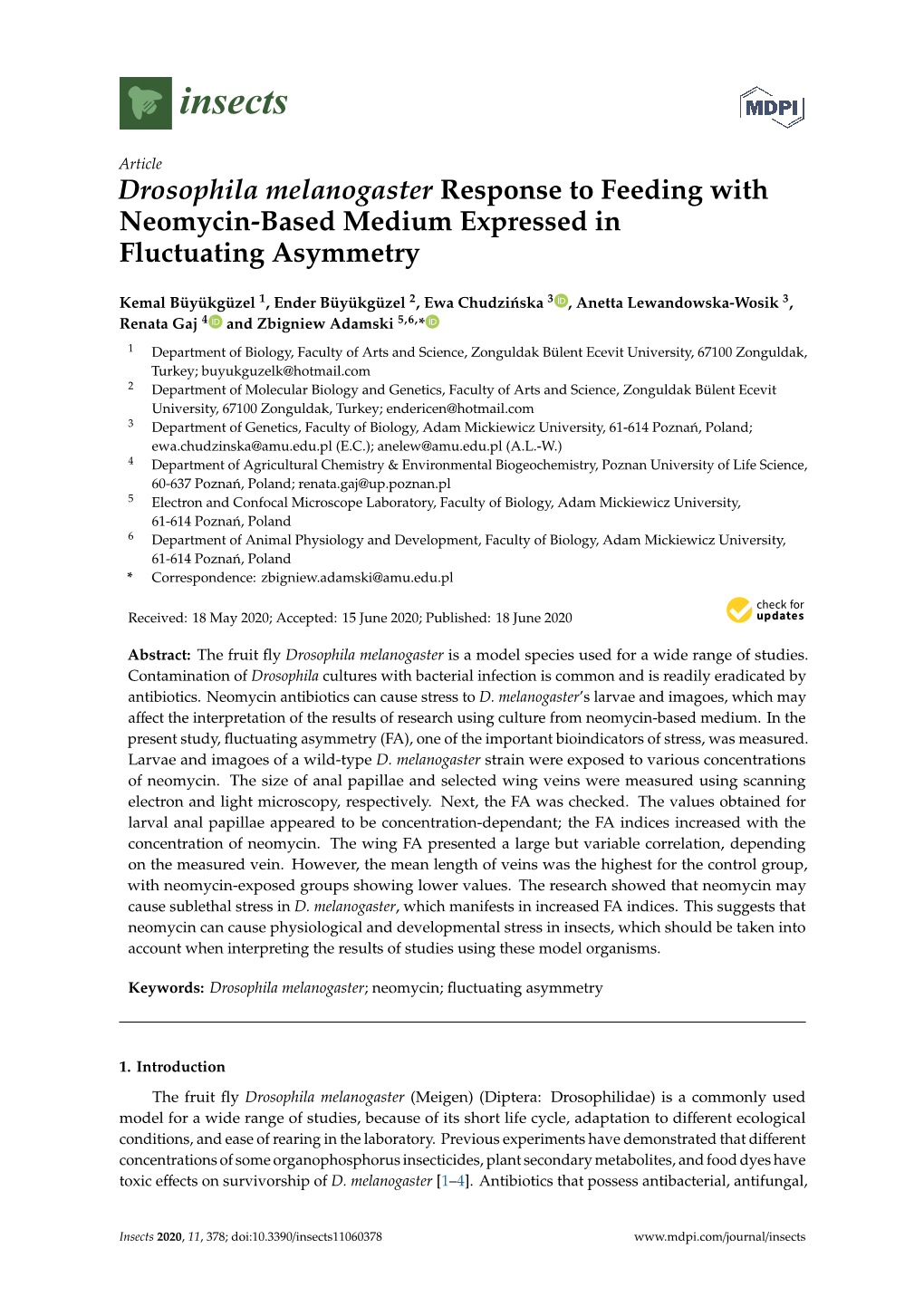 Drosophila Melanogaster Response to Feeding with Neomycin-Based Medium Expressed in Fluctuating Asymmetry