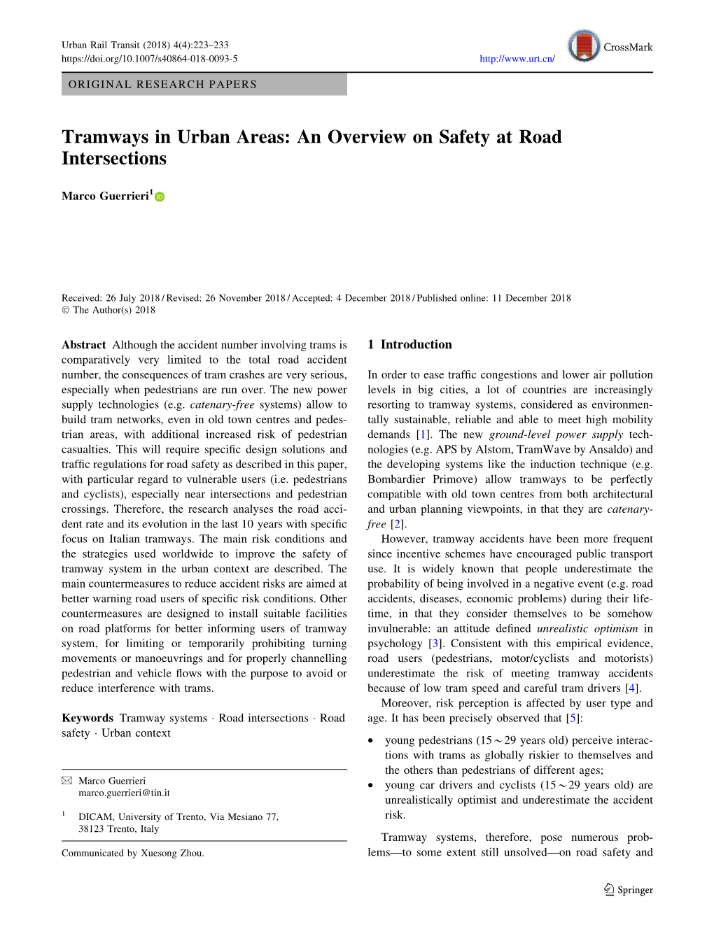 Tramways in Urban Areas: an Overview on Safety at Road Intersections
