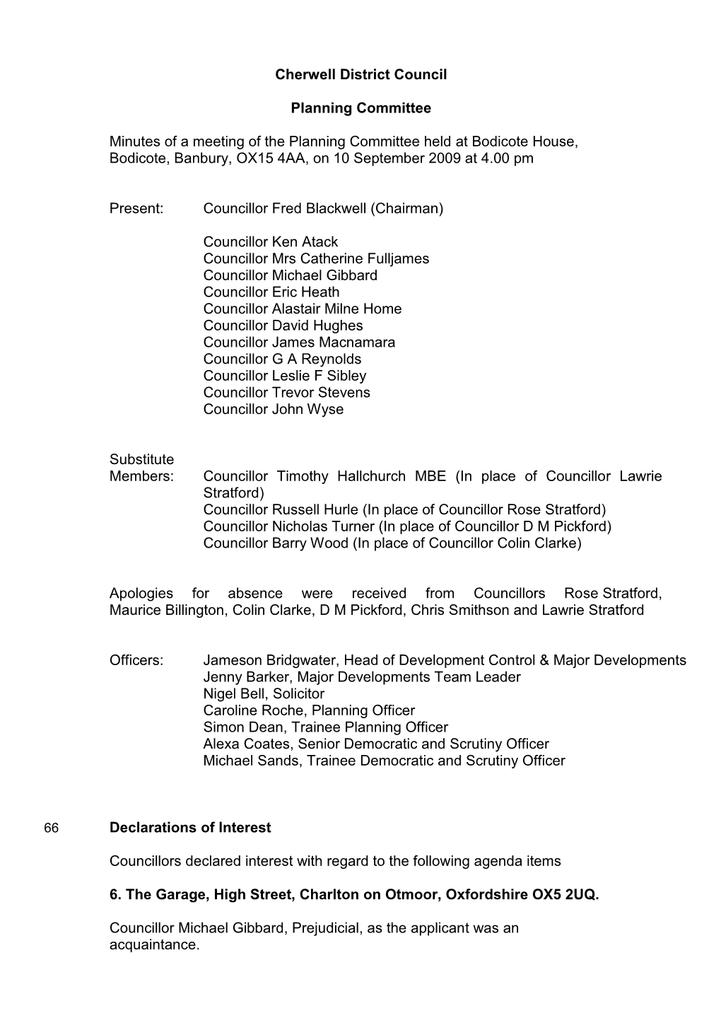 Cherwell District Council Planning Committee Minutes of a Meeting of the Planning Committee Held at Bodicote House, Bodicote, Ba