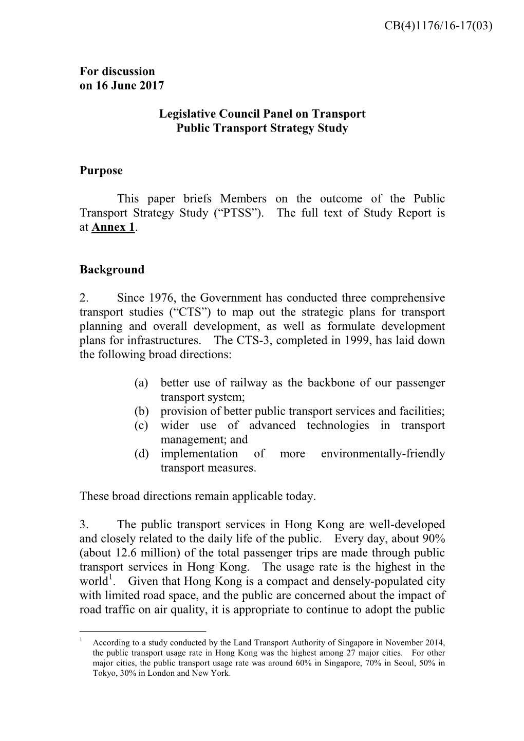 Administration's Paper on Public Transport Strategy Study