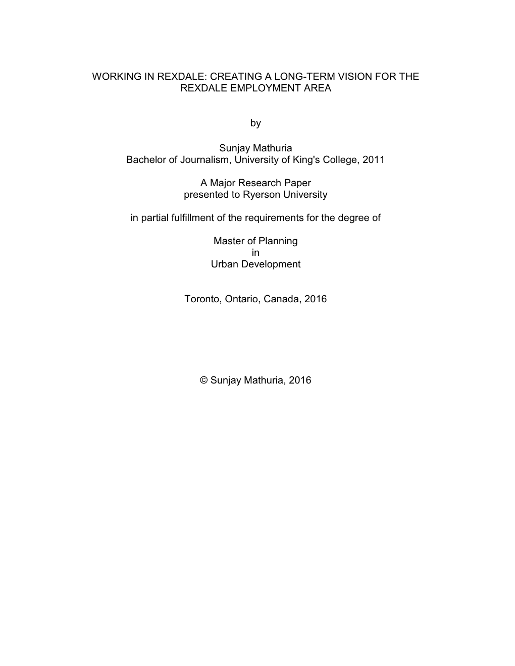 Working in Rexdale: Creating a Long-Term Vision for the Rexdale Employment Area