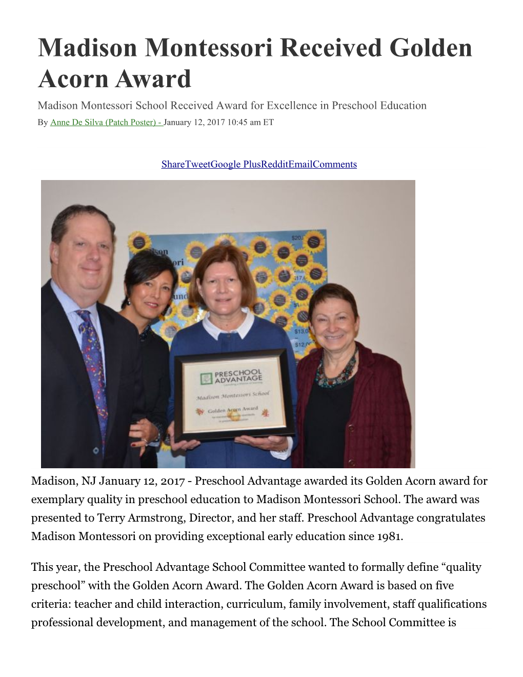 Madison Montessori Received Golden Acorn Award