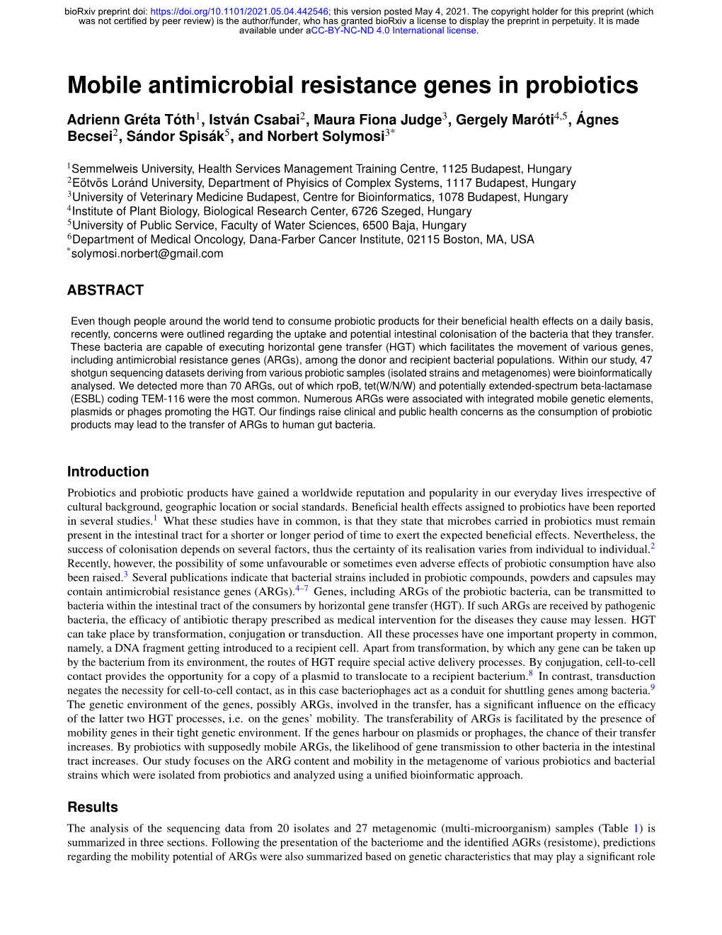 Mobile Antimicrobial Resistance Genes in Probiotics