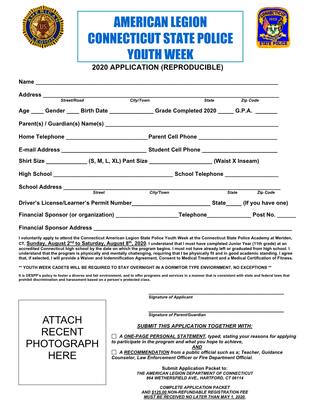 American Legion Connecticut State Police Youth Week 2020 Application (Reproducible)