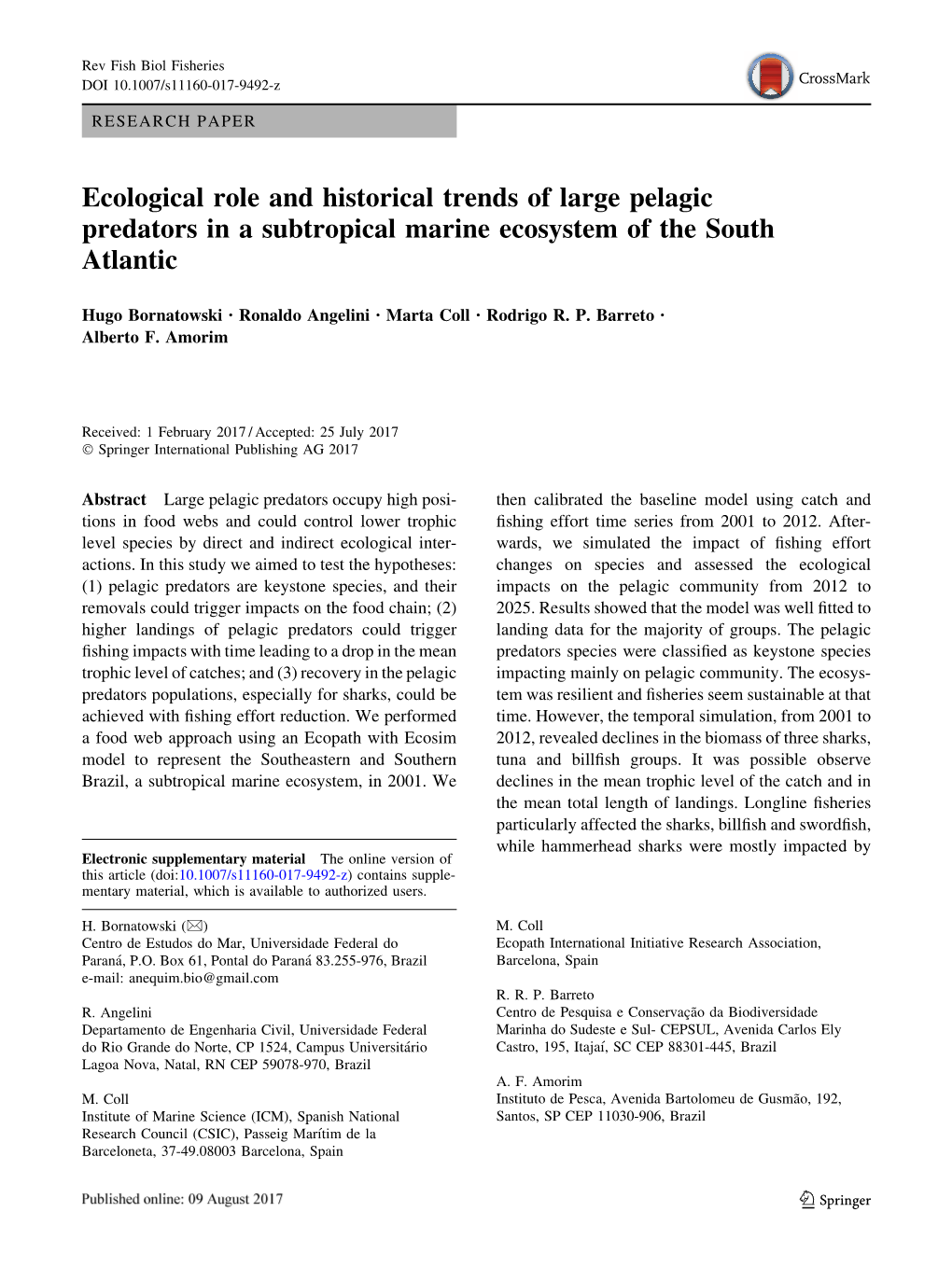 Ecological Role and Historical Trends of Large Pelagic Predators in a Subtropical Marine Ecosystem of the South Atlantic