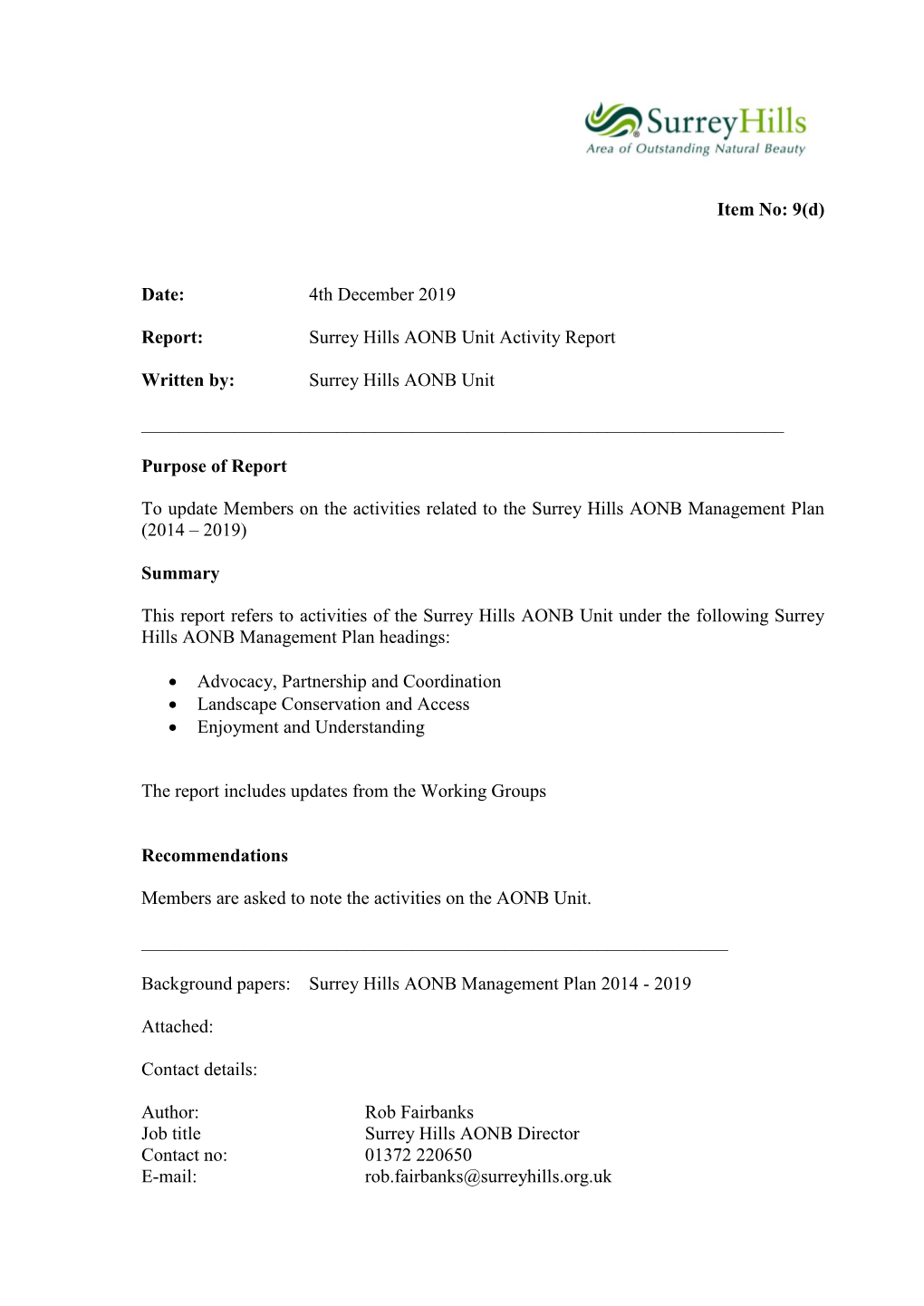 Surrey Hills AONB Unit Activity Report Written By