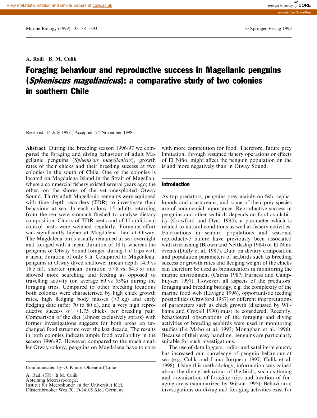 Spheniscus Magellanicus): a Comparative Study of Two Colonies in Southern Chile