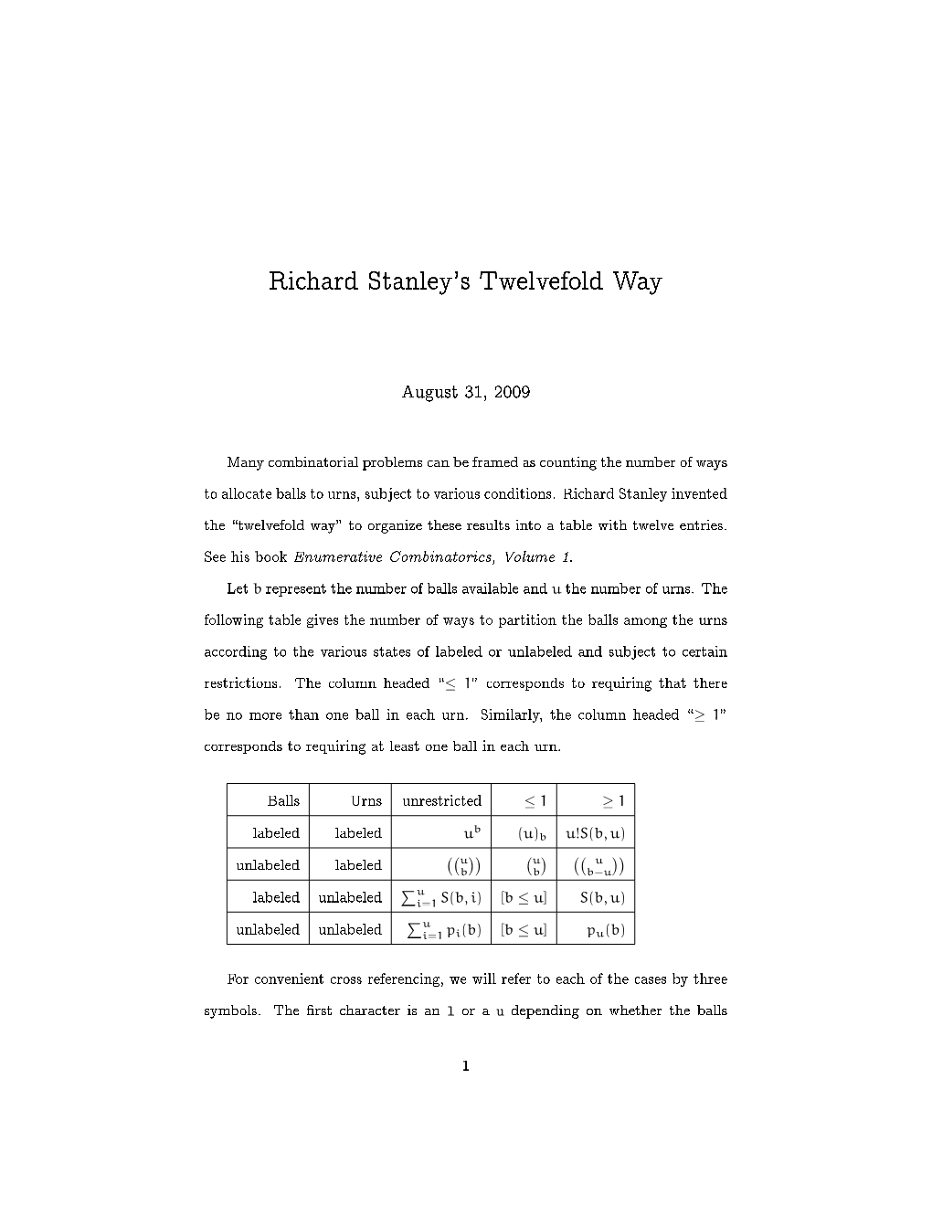 Richard Stanley's Twelvefold Way