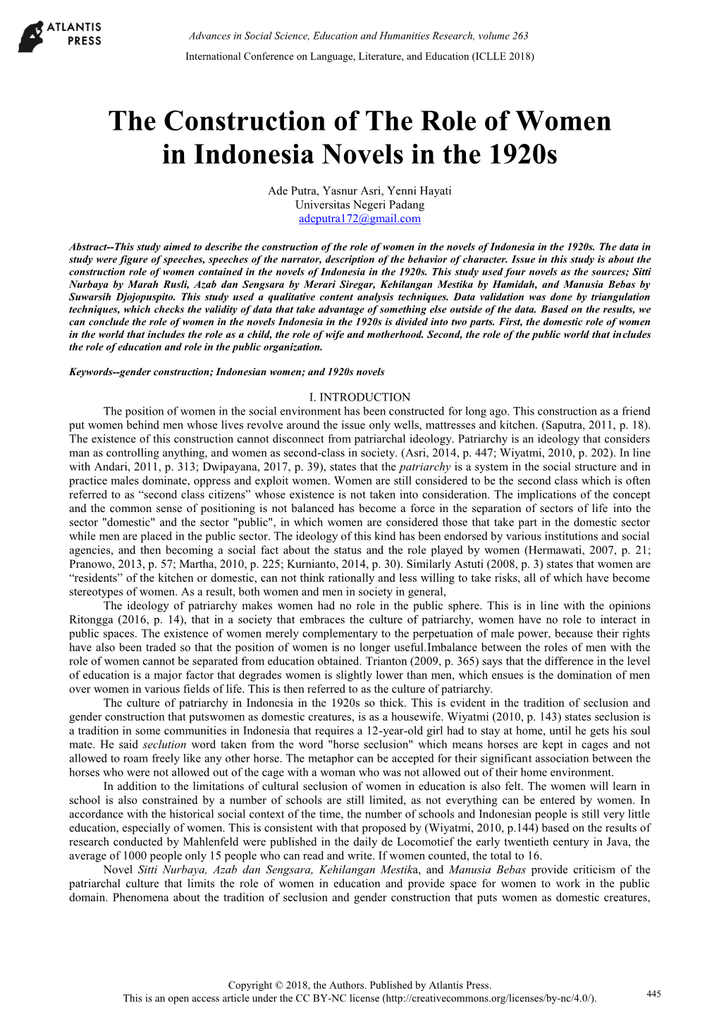 The Construction of the Role of Women in Indonesia Novels in the 1920S