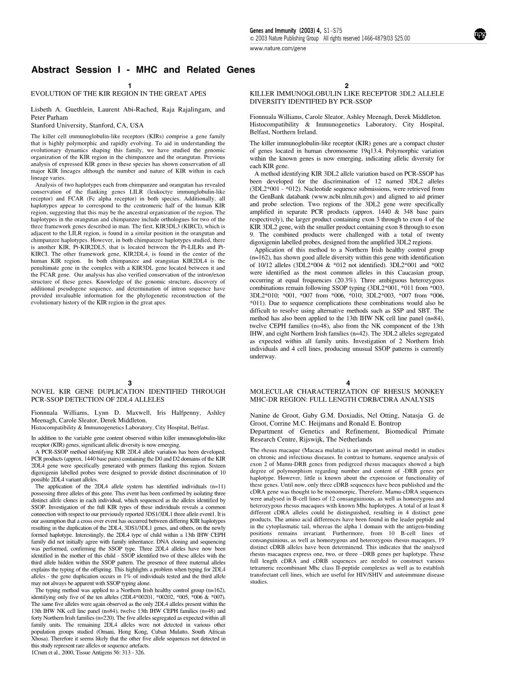 Abstract Session I - MHC and Related Genes