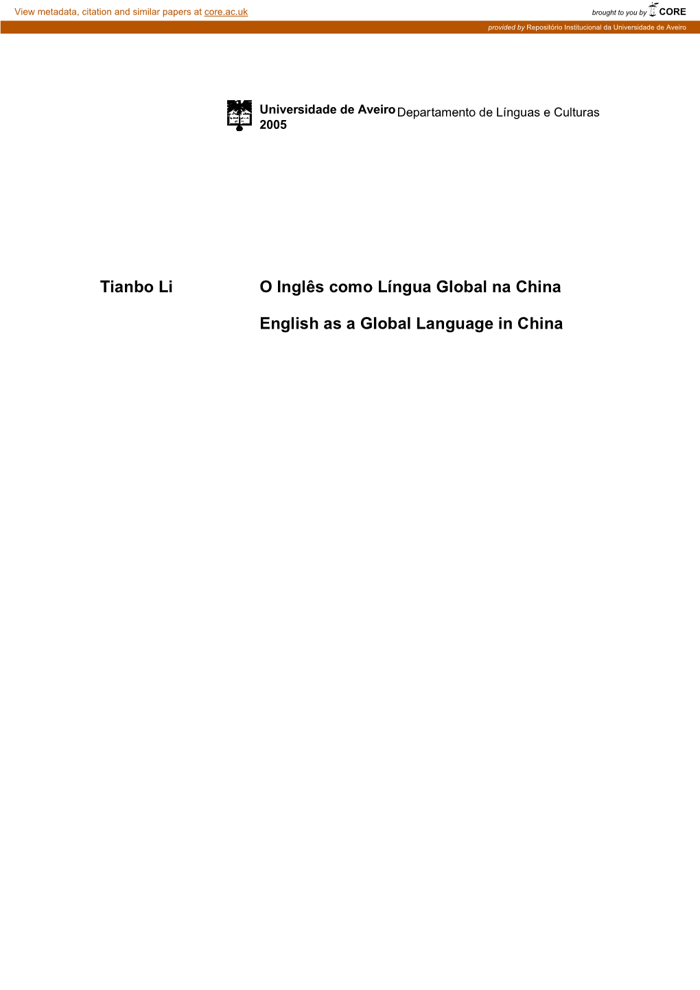 Tianbo Li O Inglês Como Língua Global Na China English As a Global Language in China