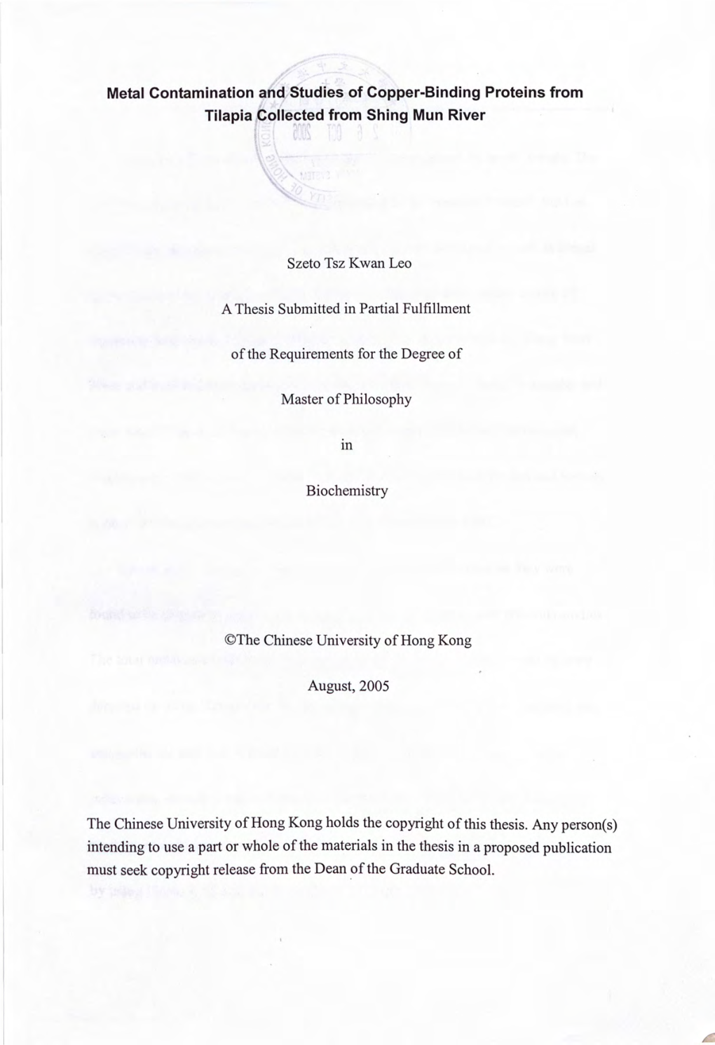 Metal Contamination and Studies of Copper-Binding Proteins from Tilapia Collected from Shing Mun River