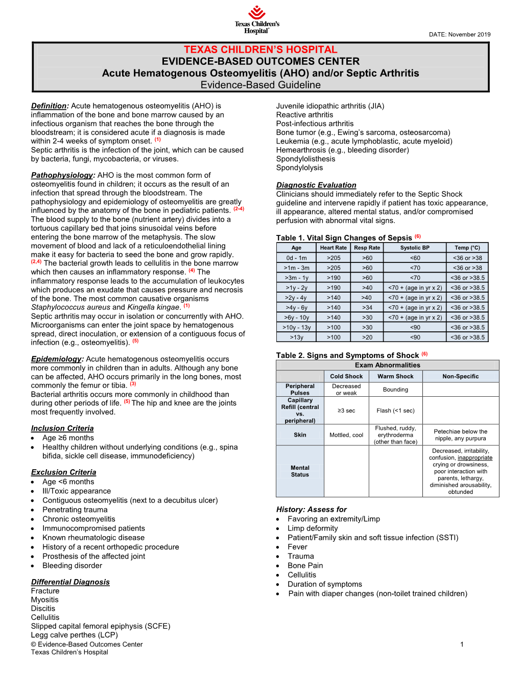 (AHO) And/Or Septic Arthritis Evidence-Based Guideline