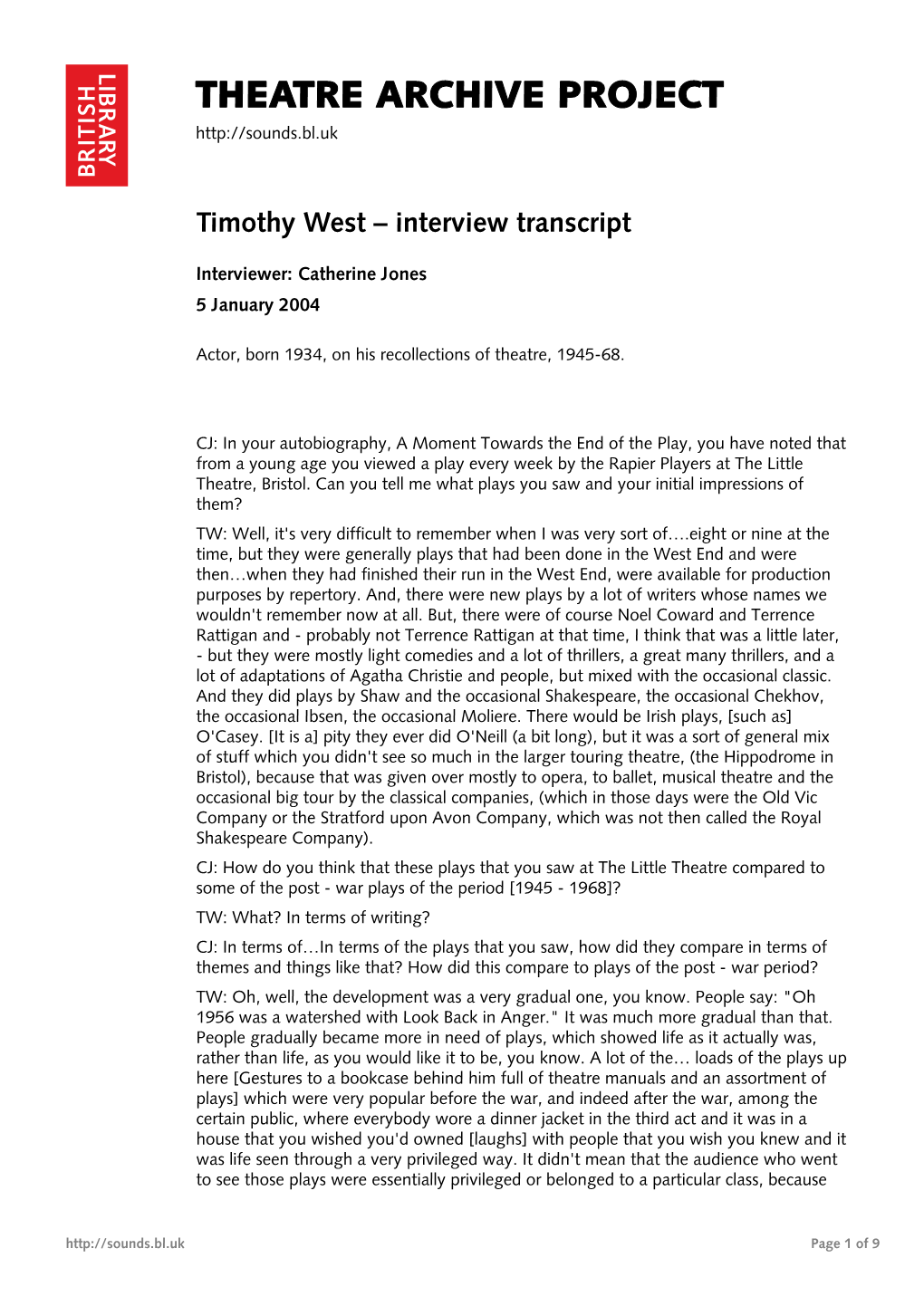 Theatre Archive Project: Interview with Timothy West