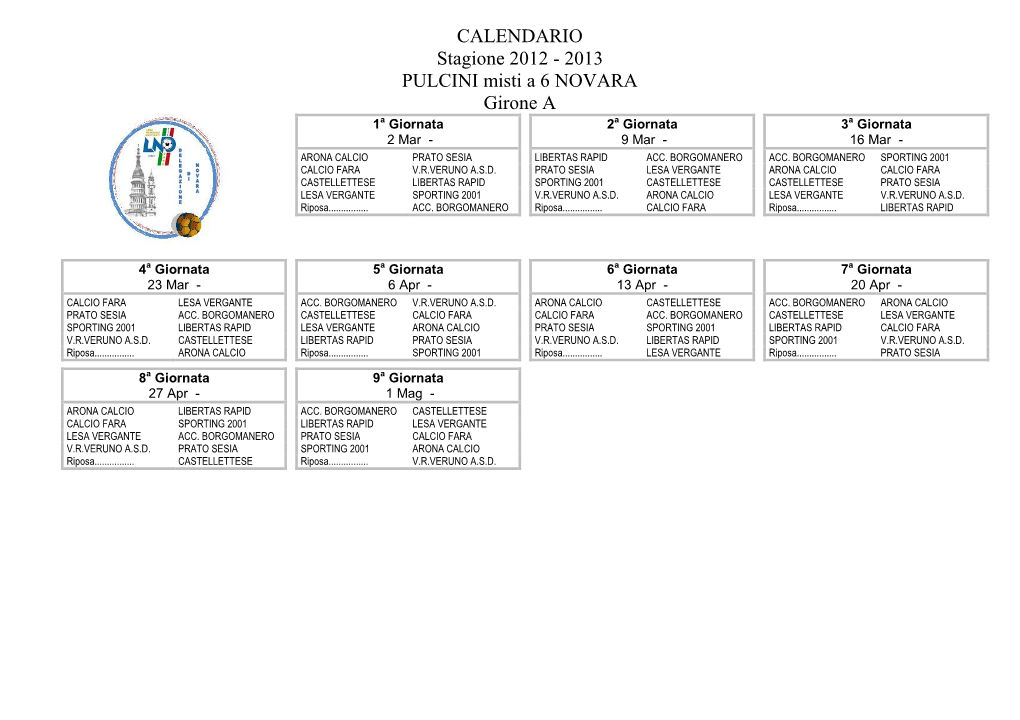 CALENDARIO Stagione 2012